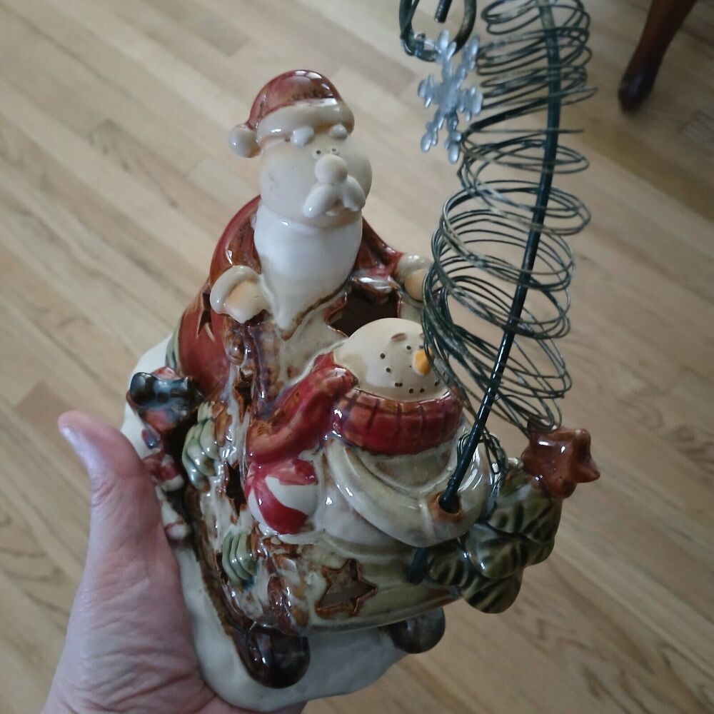 Christmas Holiday Jingle Ceramic Santa & Snowman on Sled Tea Light Candle Holder - Picture 6 of 8